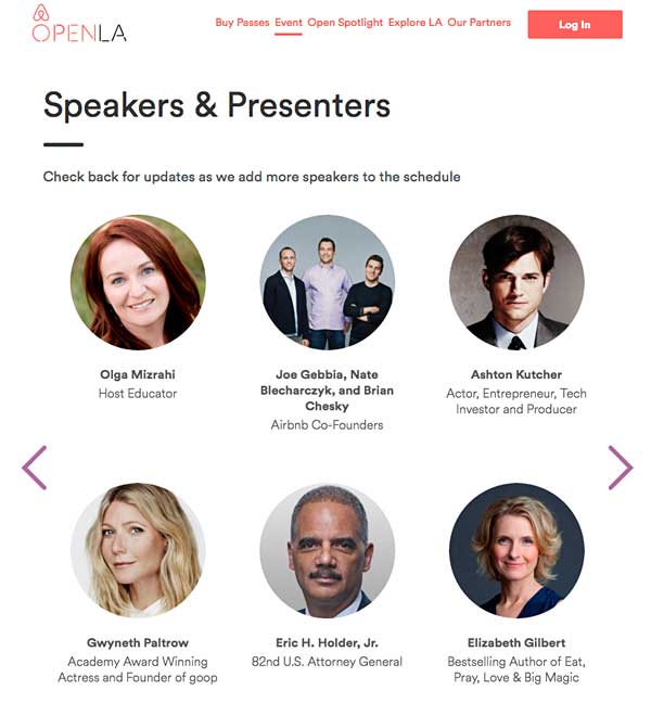 list of conference speakers for OpenLA event on the AirBnb Open Gig Economy featuring Olga Mizrahi