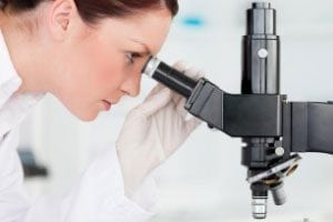 Scientist looking into a microscope