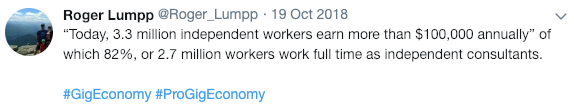 tweet from Roger Lumpp about gig workers earning $100K+